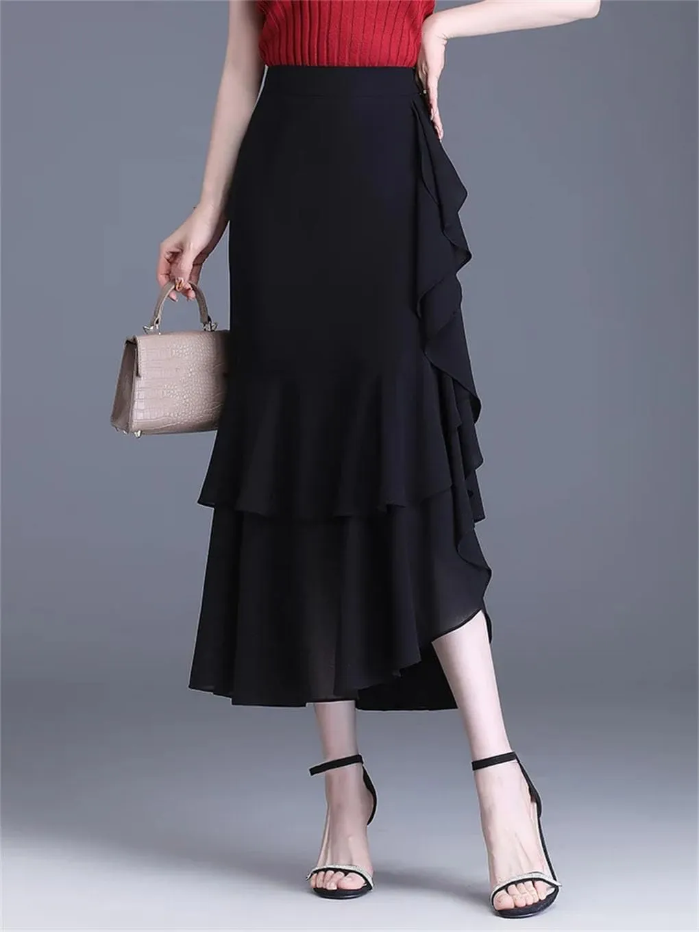 Women's Skirts Irregular High Waisted A-Line Ruffles Slim Fit Chiffon Party Casual Midi Skirt