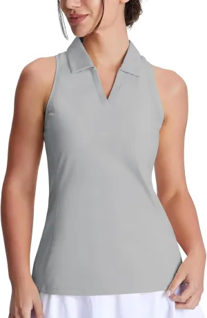 Women's Sleeveless Golf Shirts Racerback Slim Fit Tennis Tank Tops V-Neck Collared Polo Quick Dry UPF 50  Grey Medium
