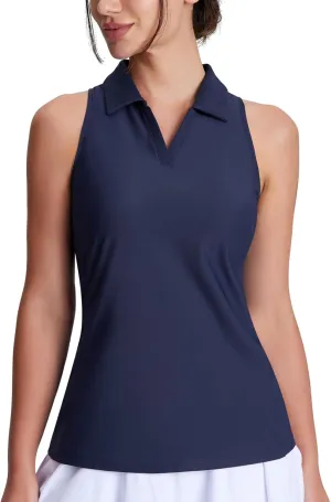 Women's Sleeveless Golf Shirts Racerback Slim Fit Tennis Tank Tops V-Neck Collared Polo Quick Dry UPF 50  Navy X-Large