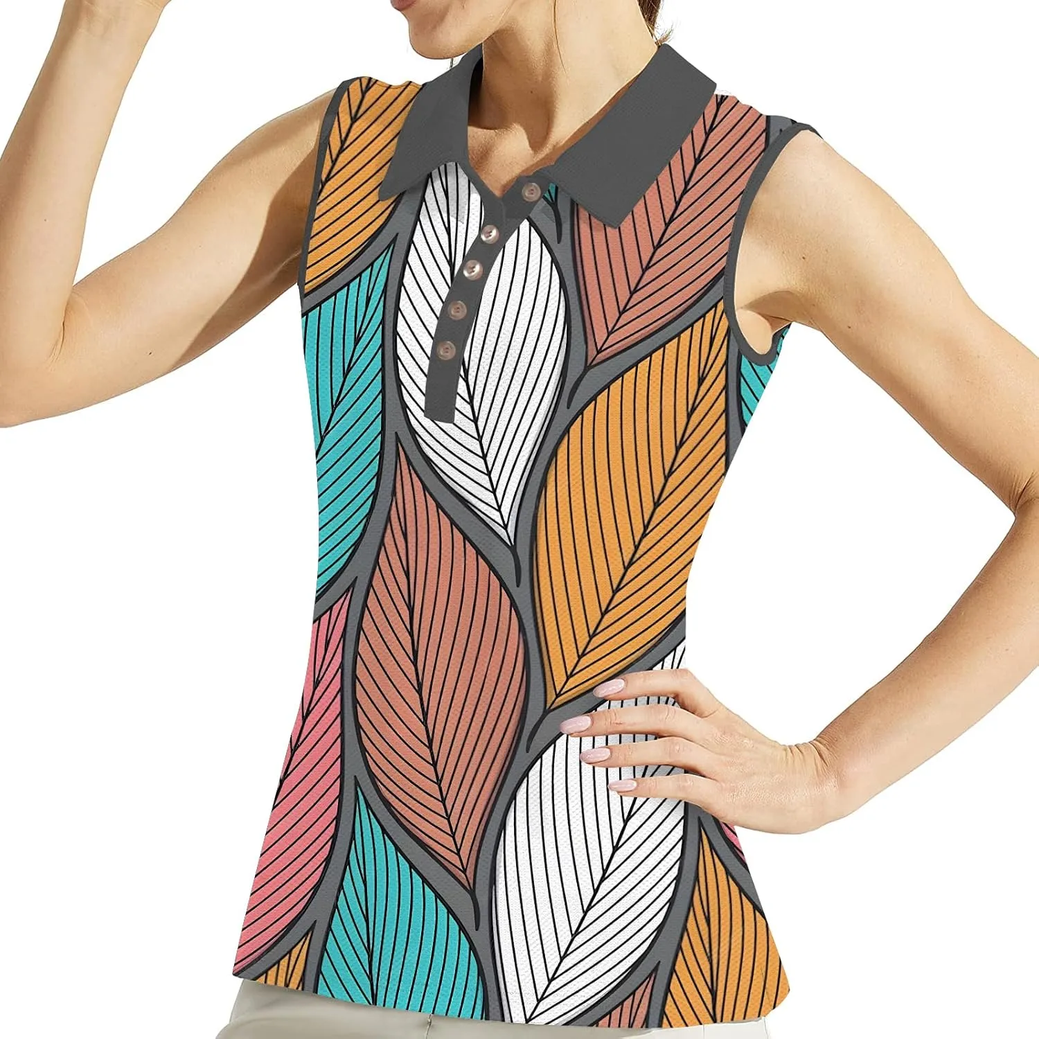 Women's Slim Fit Sleeveless Golf Polo Shirts Hawaiian Floral Moisture Wicking Tennis Tank Top with UPF 50  Protection