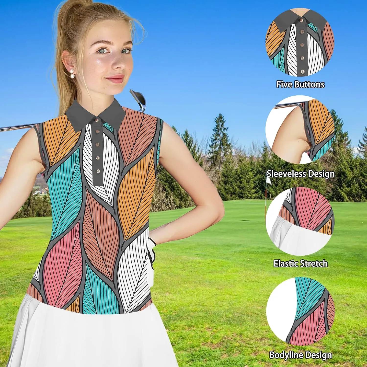 Women's Slim Fit Sleeveless Golf Polo Shirts Hawaiian Floral Moisture Wicking Tennis Tank Top with UPF 50  Protection