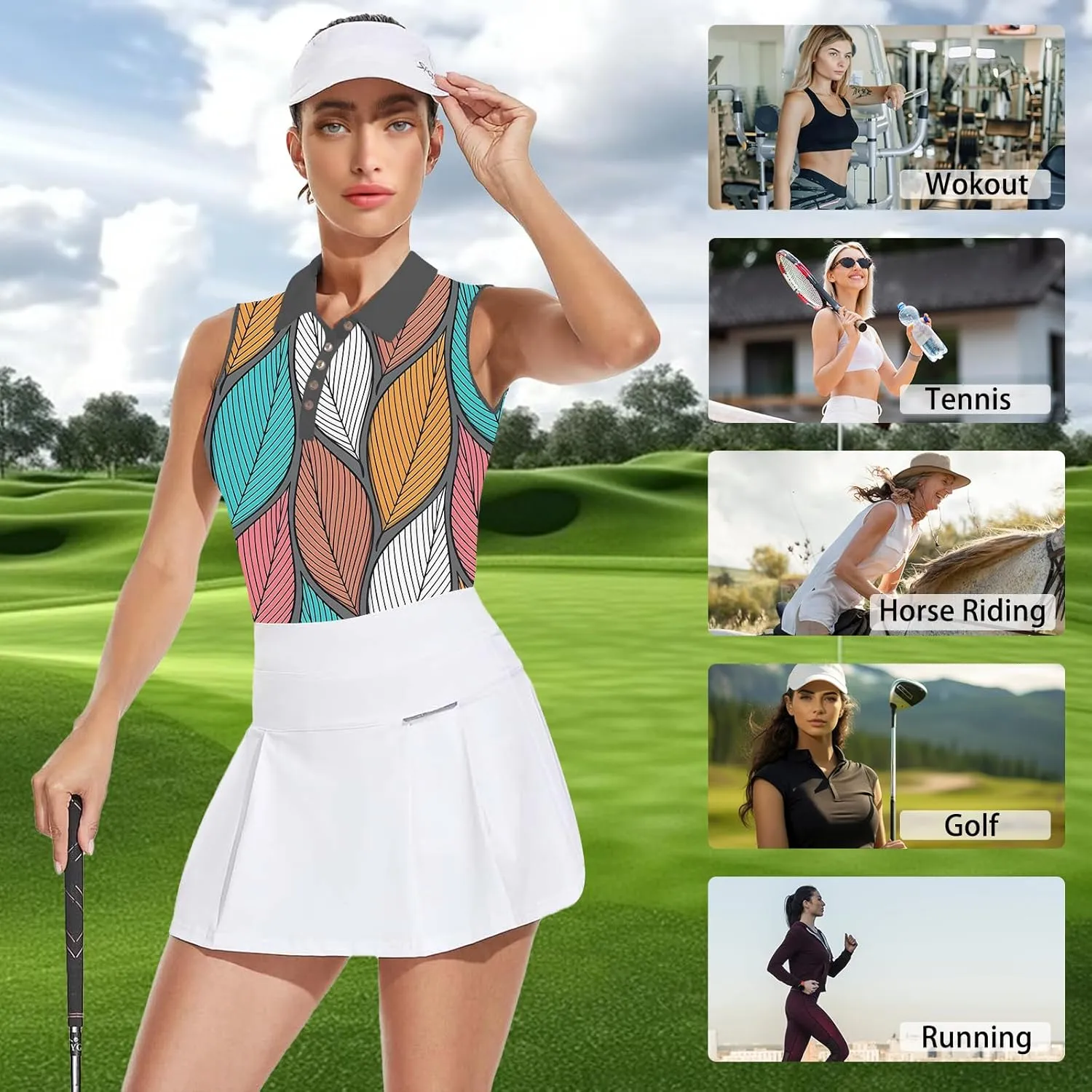 Women's Slim Fit Sleeveless Golf Polo Shirts Hawaiian Floral Moisture Wicking Tennis Tank Top with UPF 50  Protection