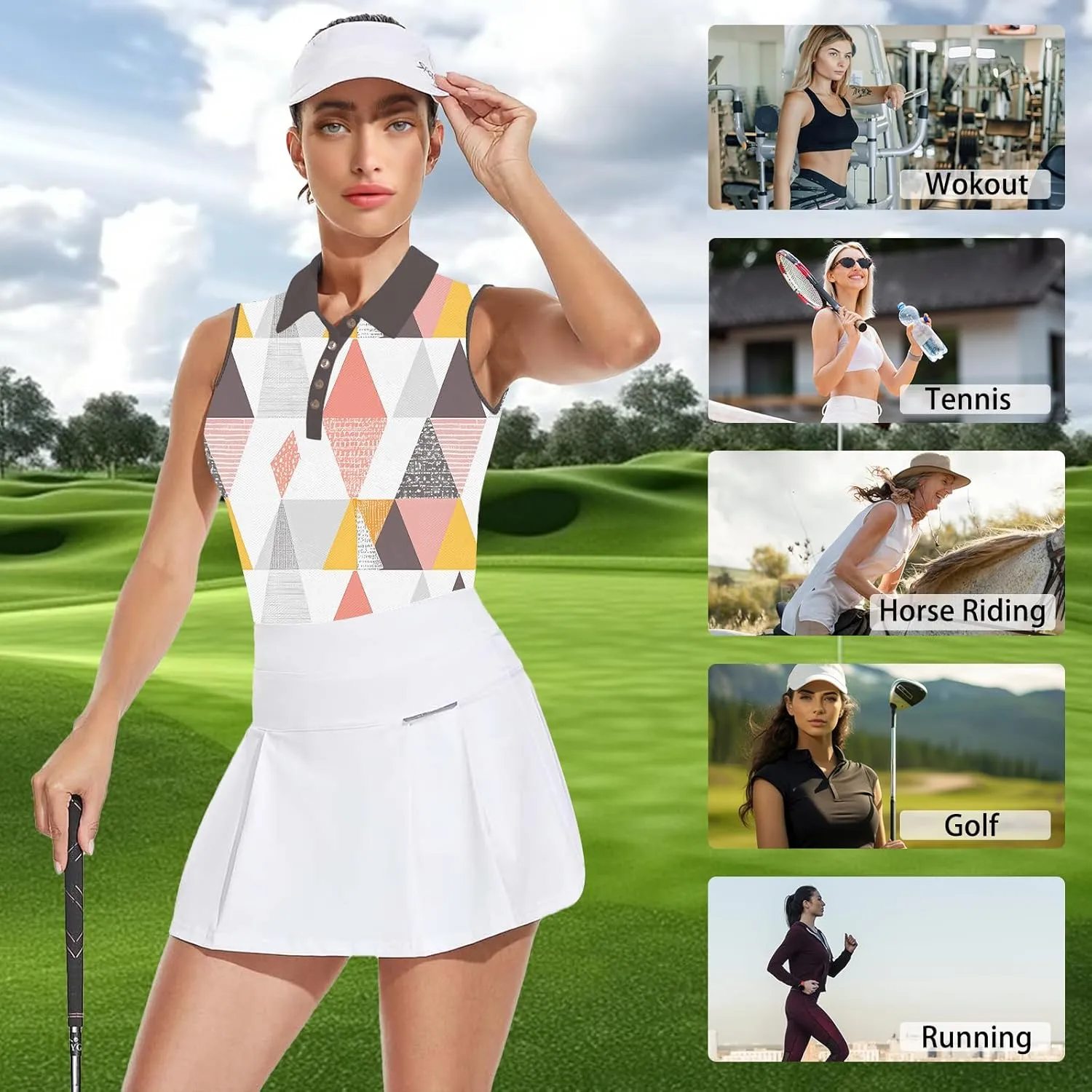 Women's Slim Fit Sleeveless Golf Polo Shirts Hawaiian Floral Moisture Wicking Tennis Tank Top with UPF 50  Protection