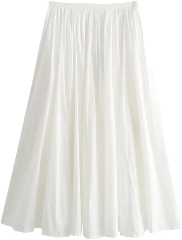 Womens Solid Color Pleated Midi Skirt Casual Elastic Waist Slim Fit A-Line Skirts