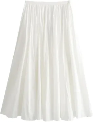 Womens Solid Color Pleated Midi Skirt Casual Elastic Waist Slim Fit A-Line Skirts
