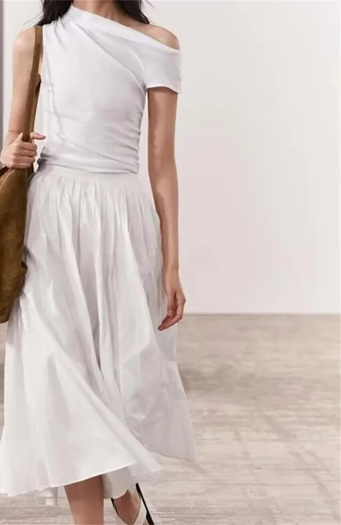Womens Solid Color Pleated Midi Skirt Casual Elastic Waist Slim Fit A-Line Skirts