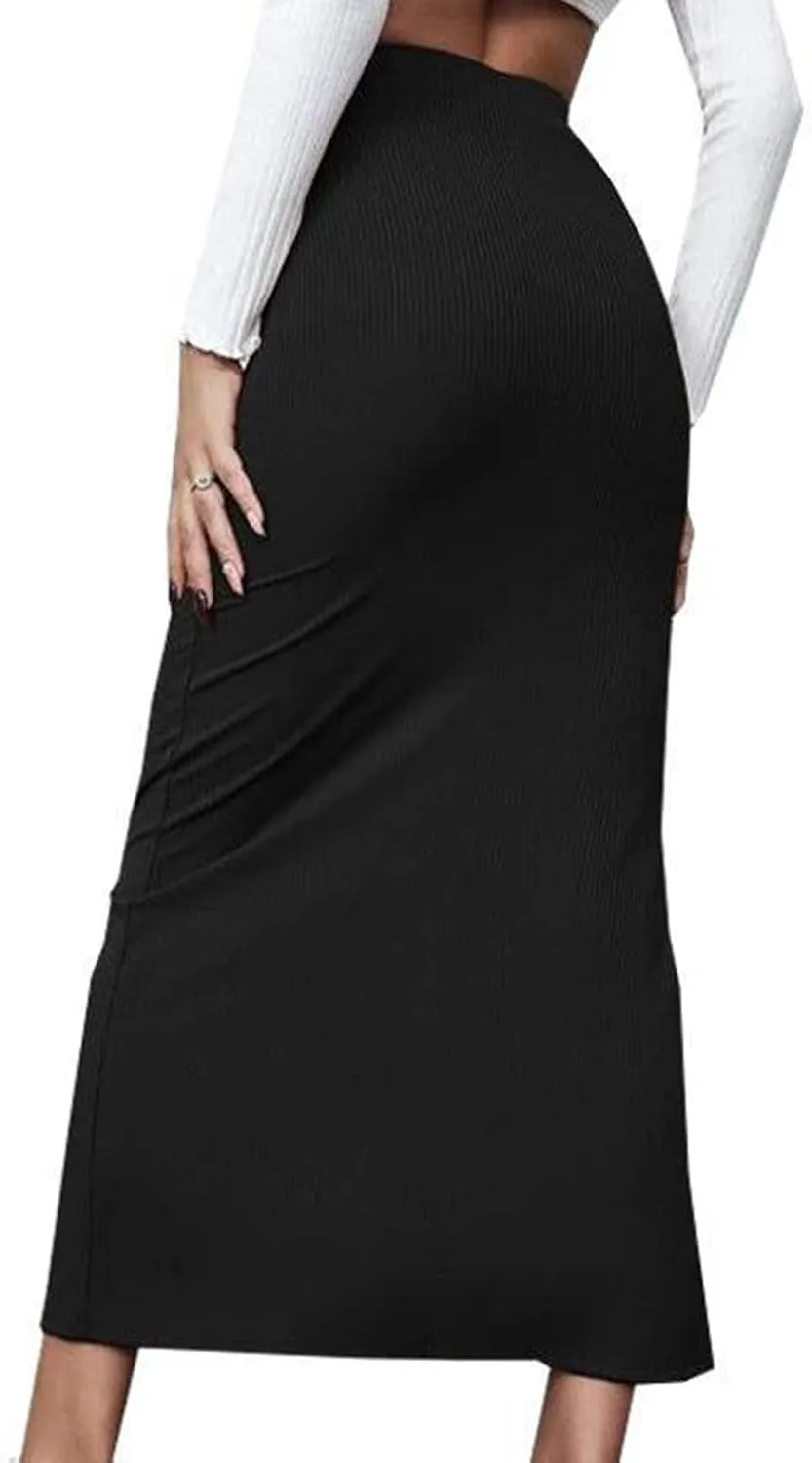 Women's Stretch Elastic High Waisted Knee Pencil Maxi Skirts Slim Fit Bodycon Office Work Business Dress