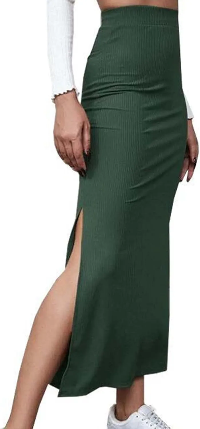 Women's Stretch Elastic High Waisted Knee Pencil Maxi Skirts Slim Fit Bodycon Office Work Business Dress