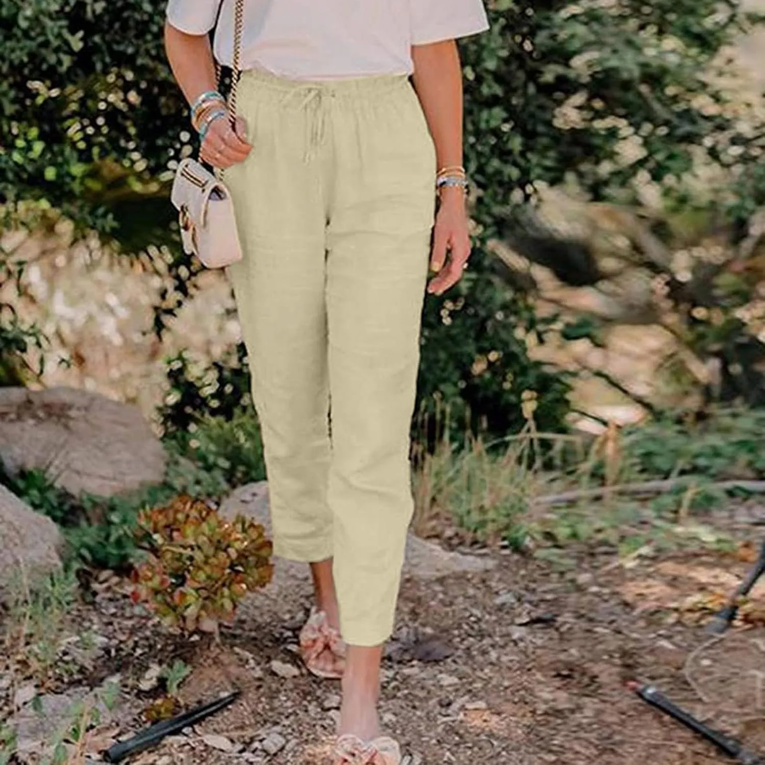 Women's Summer Casual Yoga Palazzo Pants Solid Color Drawstring High Waist Loose Fit Linen Straight Trousers Pockets