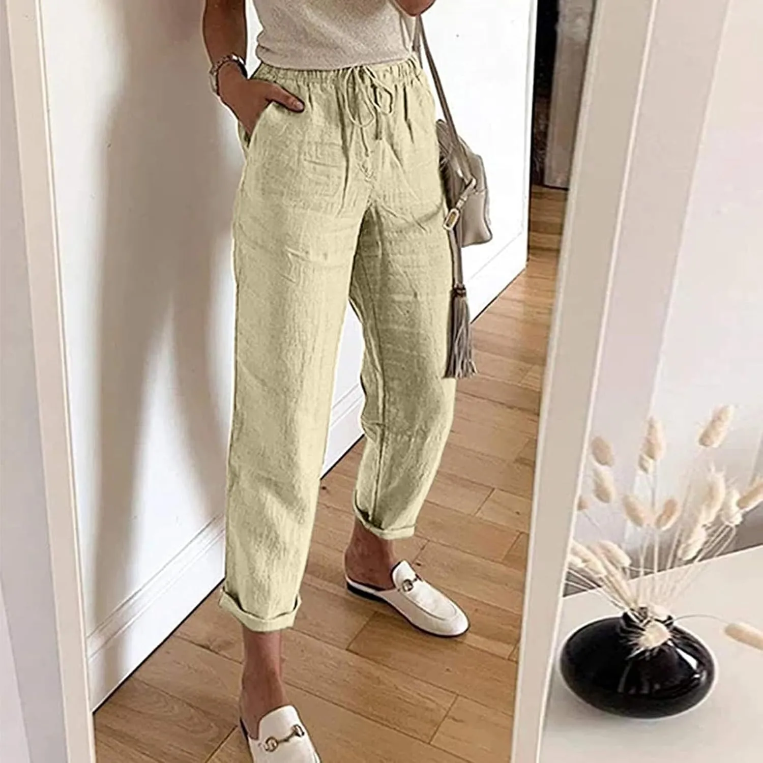 Women's Summer Casual Yoga Palazzo Pants Solid Color Drawstring High Waist Loose Fit Linen Straight Trousers Pockets