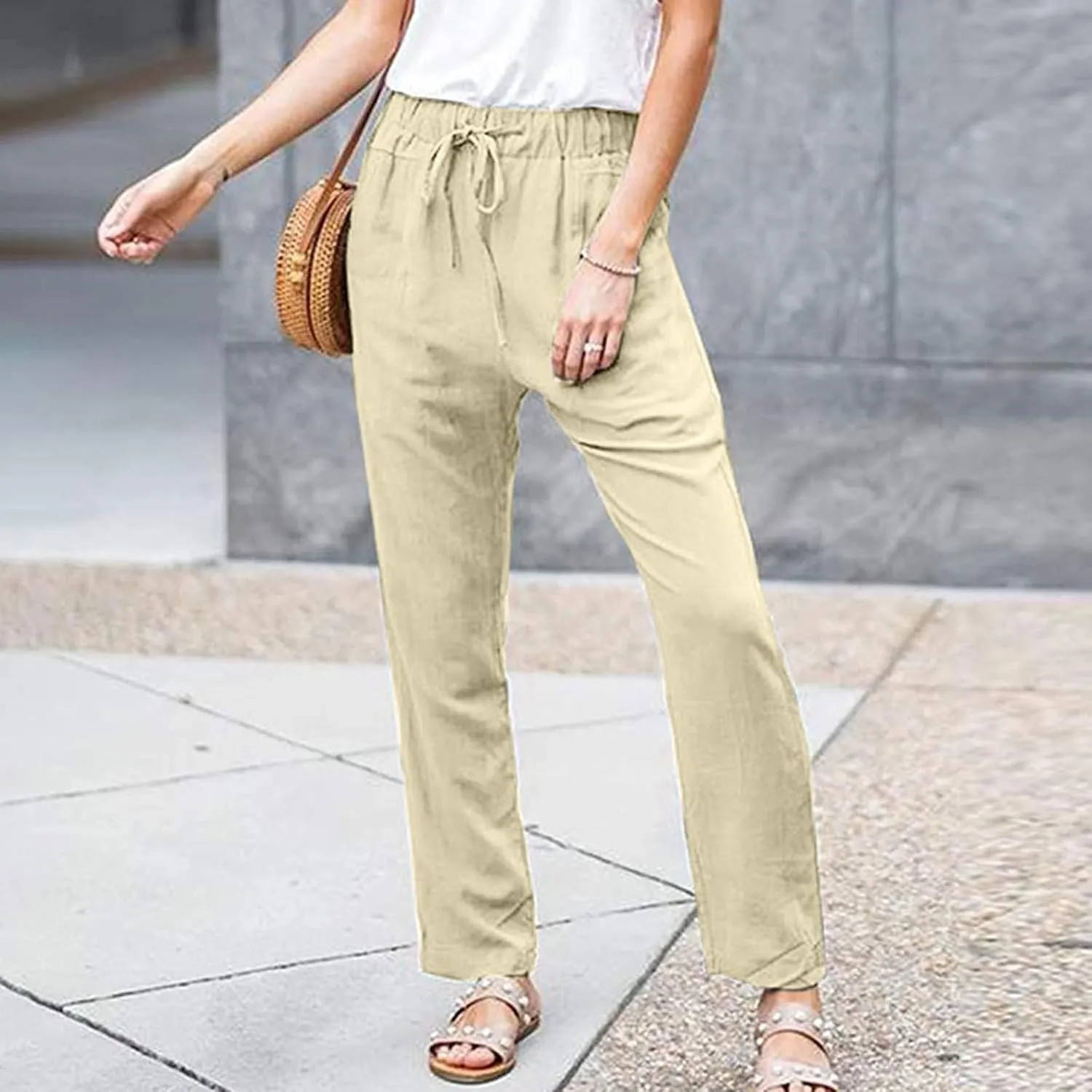 Women's Summer Casual Yoga Palazzo Pants Solid Color Drawstring High Waist Loose Fit Linen Straight Trousers Pockets