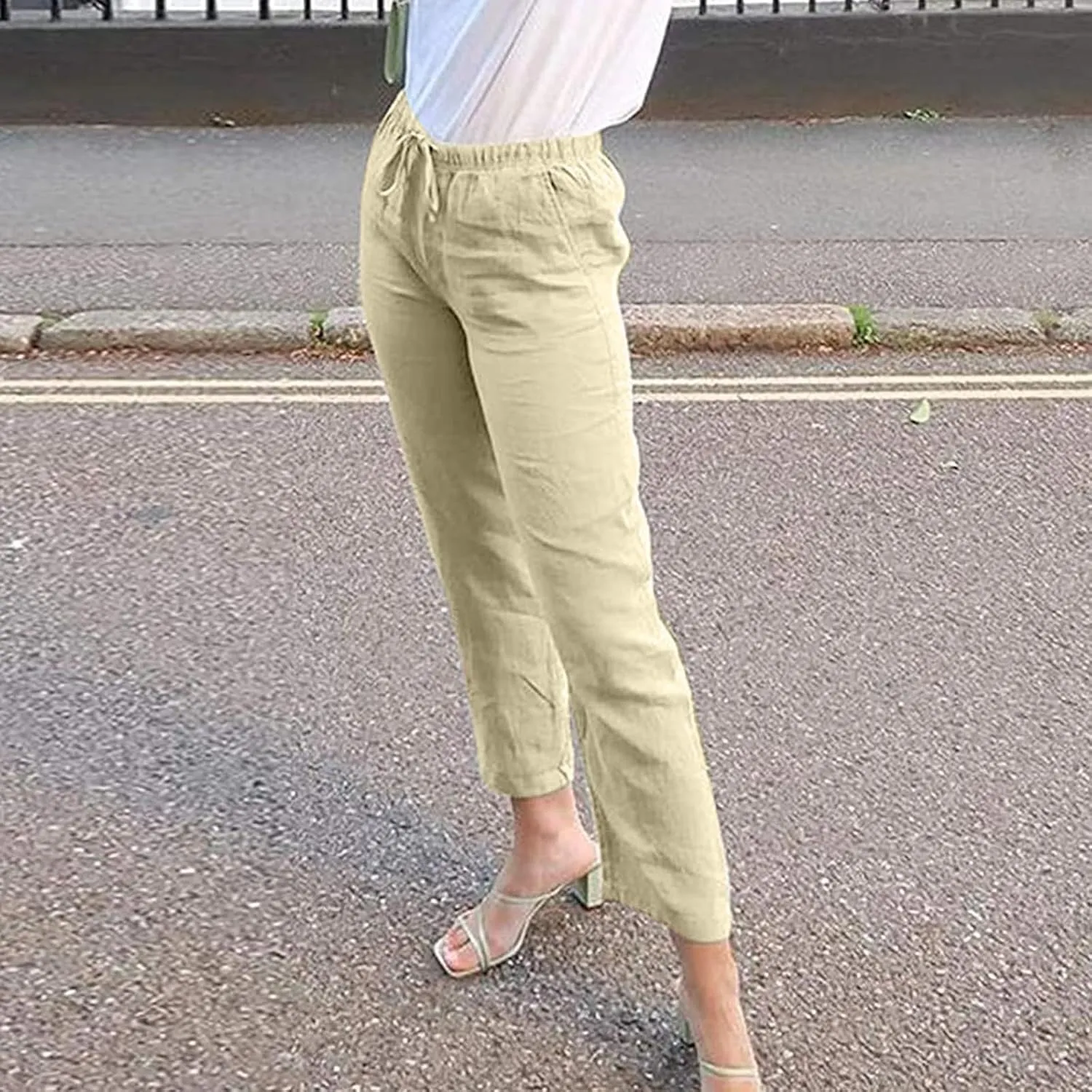 Women's Summer Casual Yoga Palazzo Pants Solid Color Drawstring High Waist Loose Fit Linen Straight Trousers Pockets