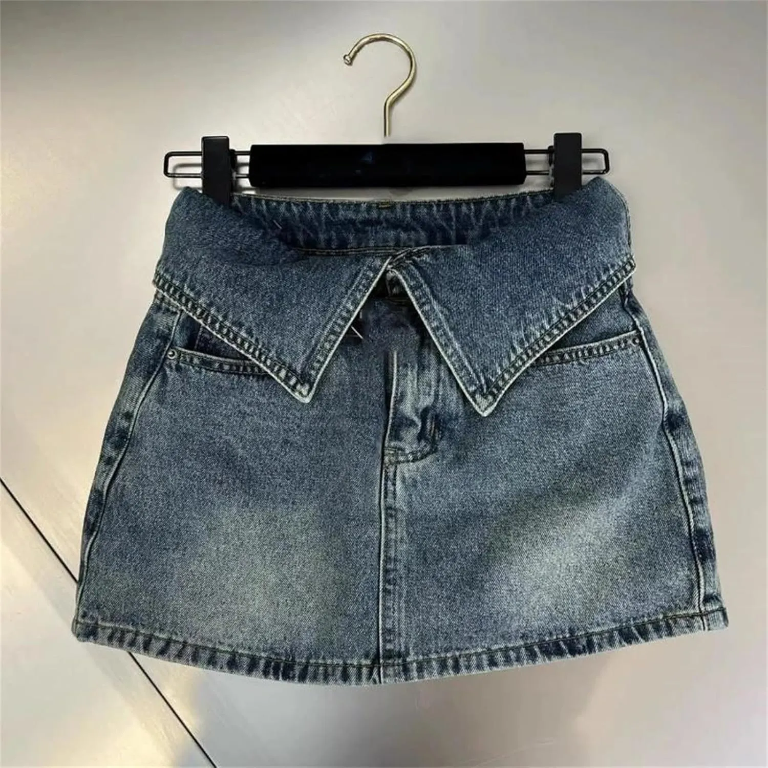 Women's Summer Denim Mini Skirt Sexy High-Waisted Slim Fit Cuffed A-Line Short Hip Skirt