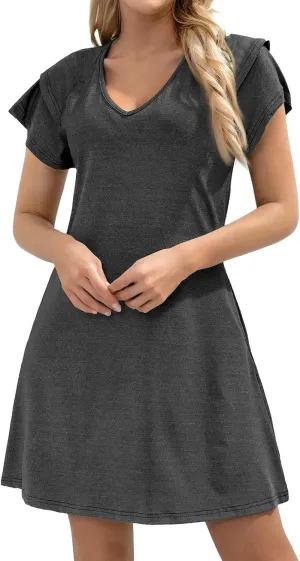 Women's Summer Dresses 2025 Ruffle Sleeve V Neck A Line Fit Sundresses Casual Beach Vacation Mini Skirt with Pockets