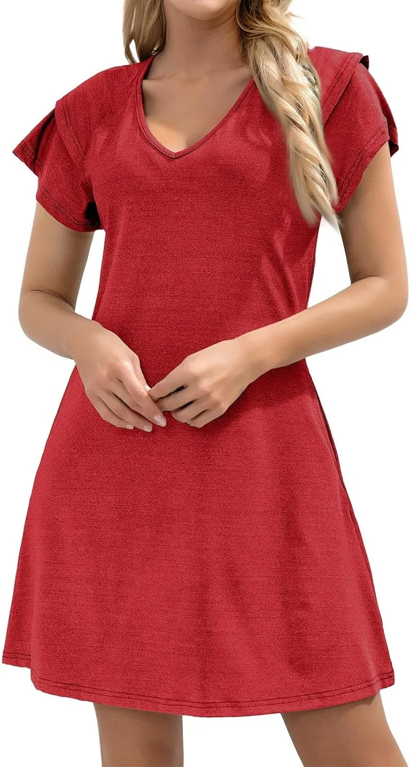 Women's Summer Dresses 2025 Ruffle Sleeve V Neck A Line Fit Sundresses Casual Beach Vacation Mini Skirt with Pockets