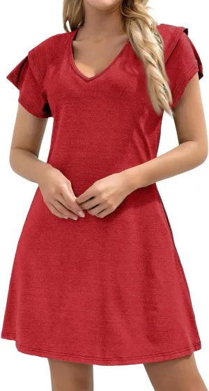 Women's Summer Dresses 2025 Ruffle Sleeve V Neck A Line Fit Sundresses Casual Beach Vacation Mini Skirt with Pockets