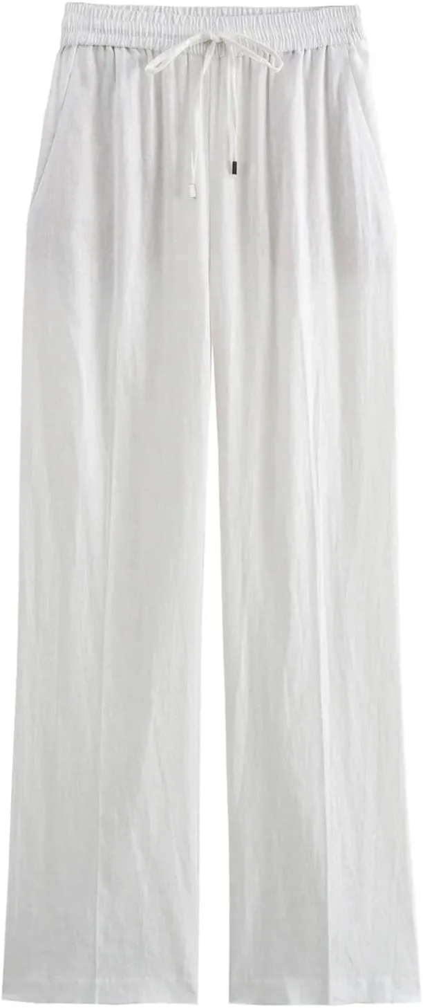 Women's Summer Lace-Up Linen Pants  High Waist Straight-Leg Drawstring Waist Office Lady Trousers with Pockets