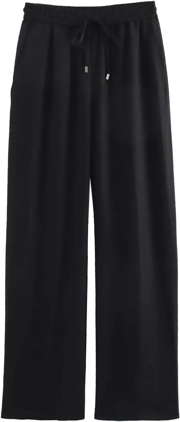 Women's Summer Lace-Up Linen Pants  High Waist Straight-Leg Drawstring Waist Office Lady Trousers with Pockets