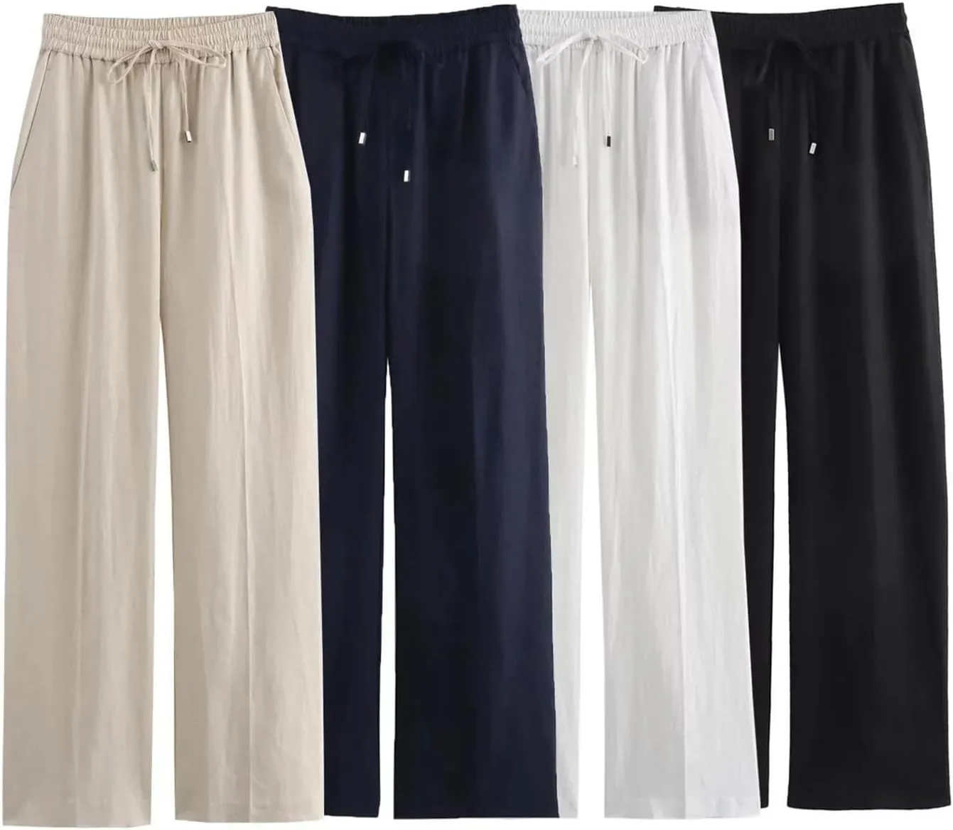 Women's Summer Lace-Up Linen Pants  High Waist Straight-Leg Drawstring Waist Office Lady Trousers with Pockets