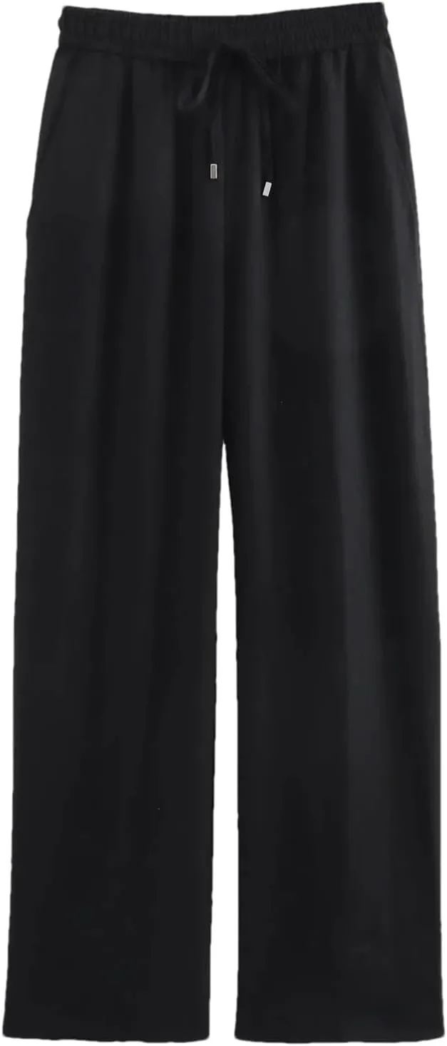 Women's Summer Lace-Up Linen Pants  High Waist Straight-Leg Drawstring Waist Office Lady Trousers with Pockets