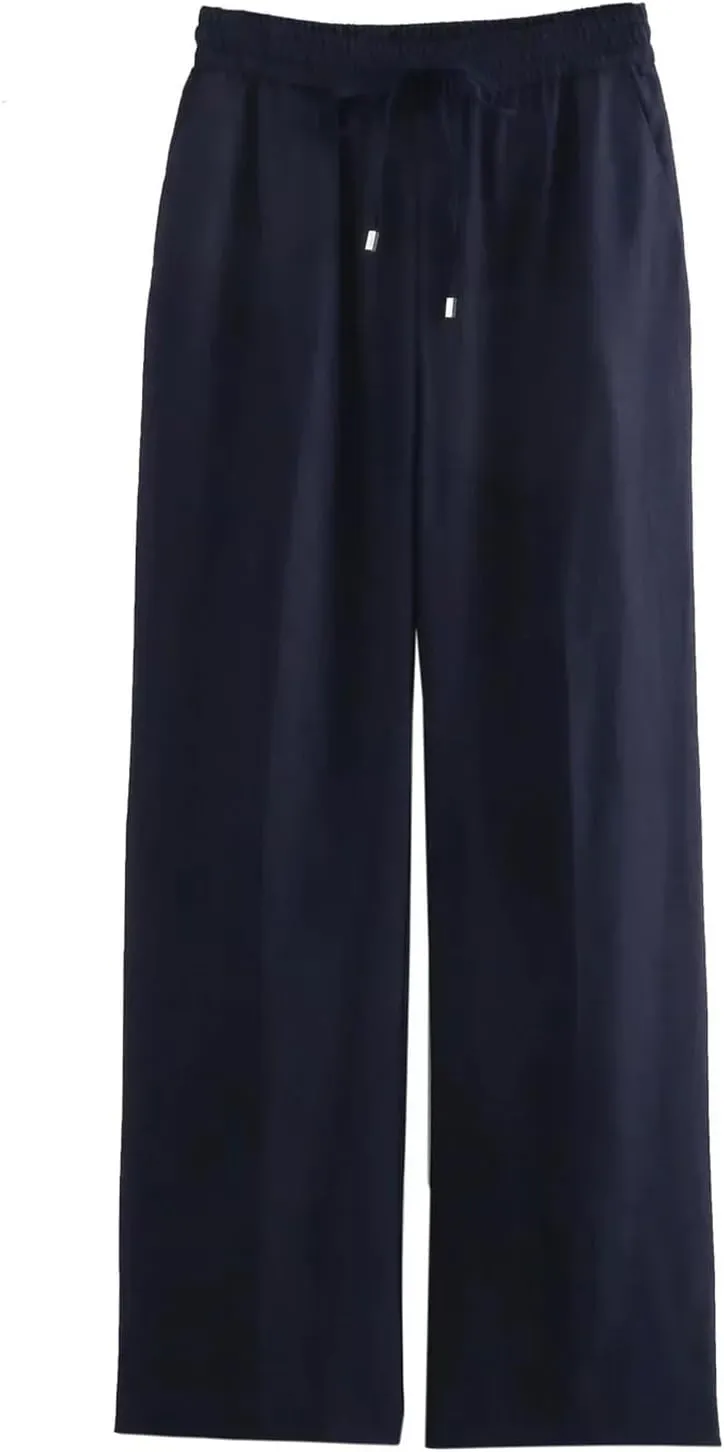 Women's Summer Lace-Up Linen Pants  High Waist Straight-Leg Drawstring Waist Office Lady Trousers with Pockets
