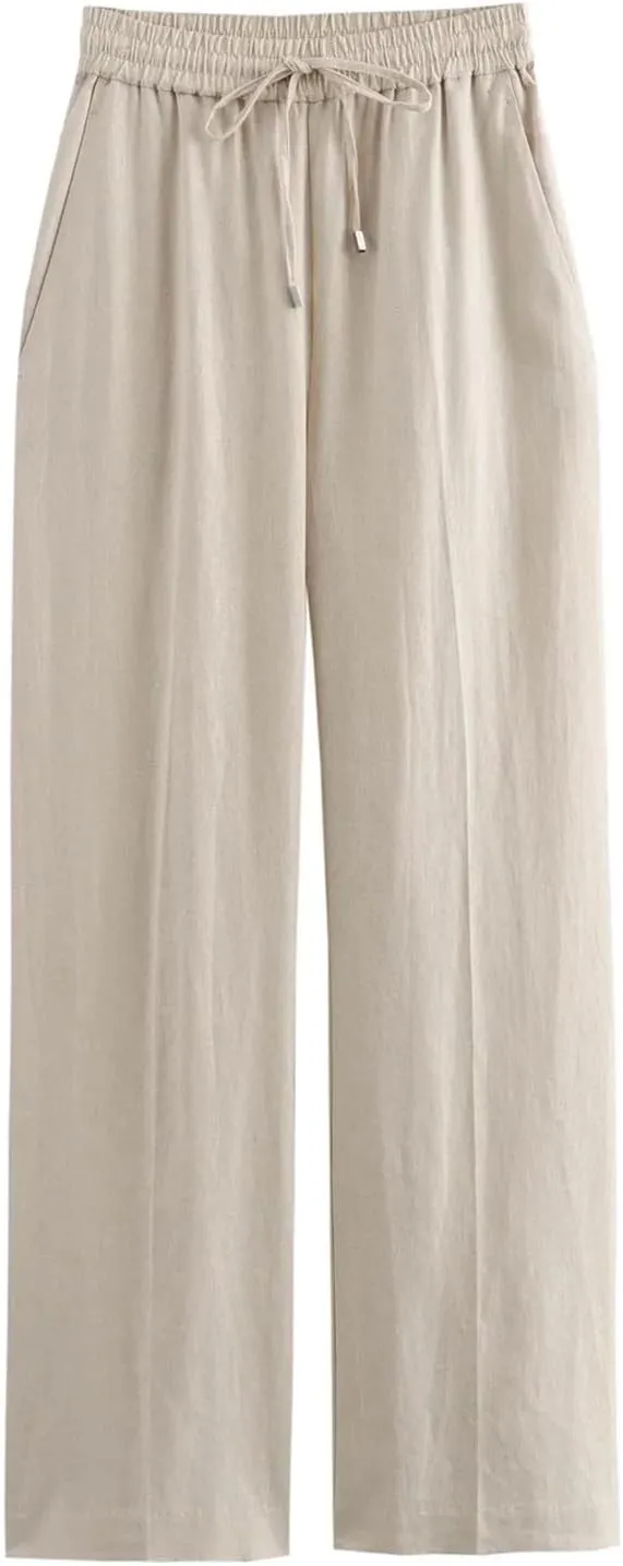 Women's Summer Lace-Up Linen Pants  High Waist Straight-Leg Drawstring Waist Office Lady Trousers with Pockets