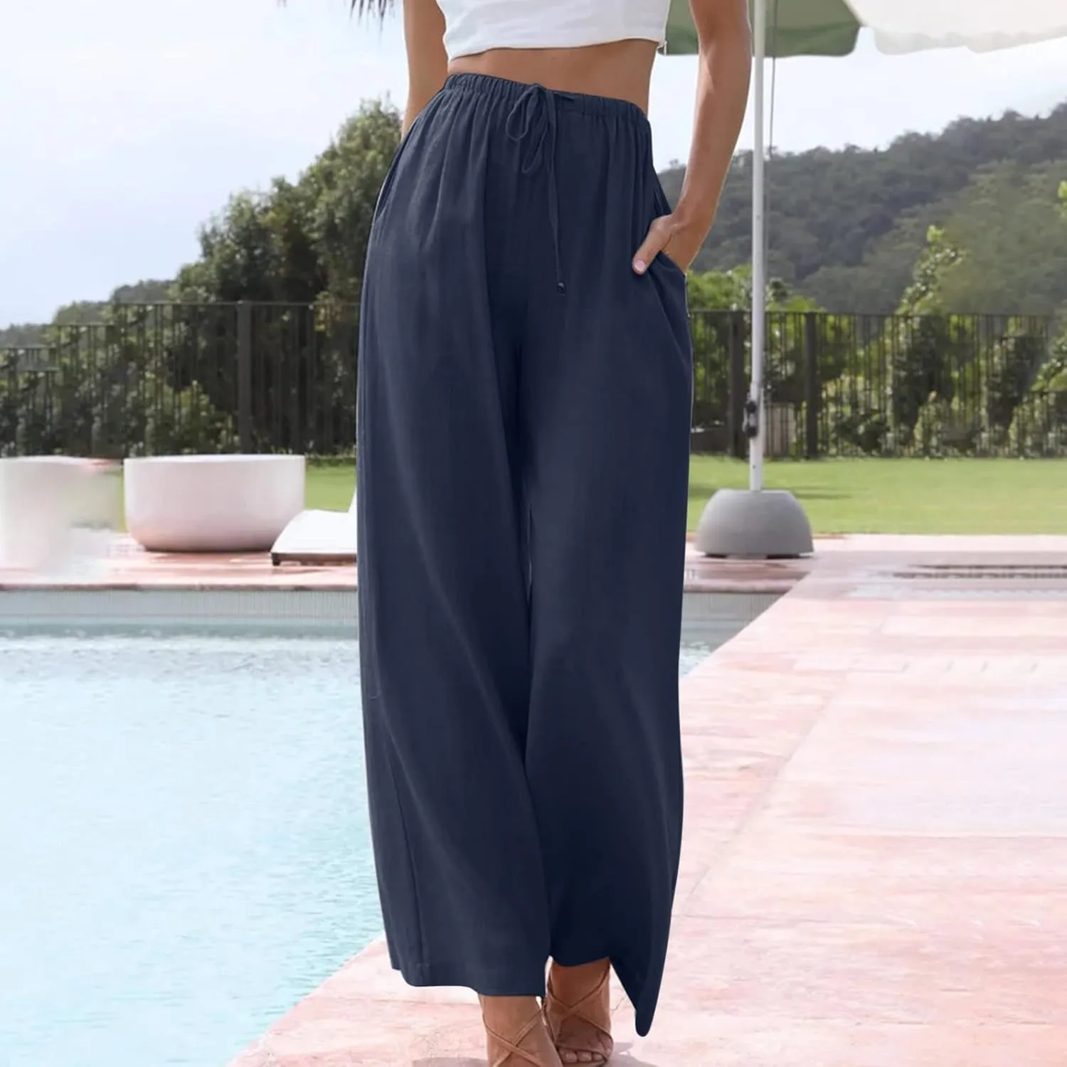 Womens Summer Linen Palazzo Pants Causal Elastic High Waist Flowy Wide Leg Pant Trousers Resort Wear Outfits 2024