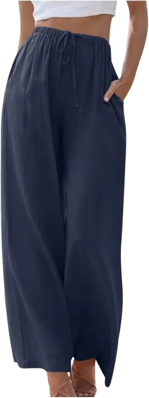 Womens Summer Linen Palazzo Pants Causal Elastic High Waist Flowy Wide Leg Pant Trousers Resort Wear Outfits 2024