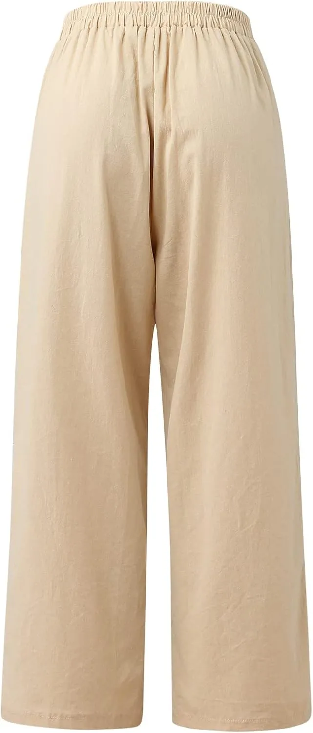 Womens Summer Pants Casual Plus Size Dressy Waist Baggy Trousers with Pockets Solid Beach Cotton Pants for Women