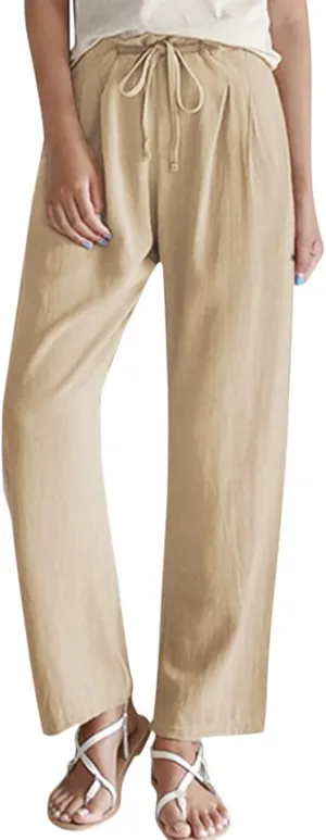 Womens Summer Pants Casual Plus Size Dressy Waist Baggy Trousers with Pockets Solid Beach Cotton Pants for Women