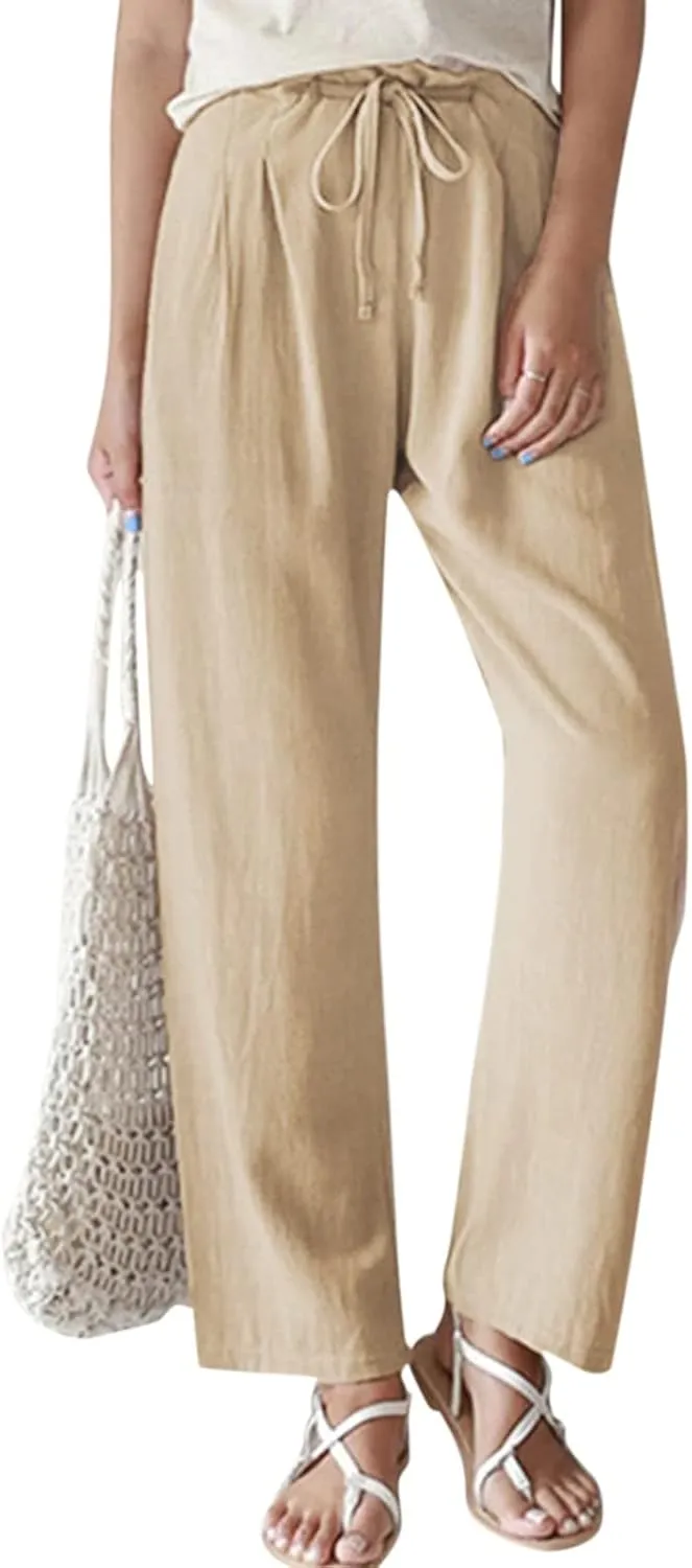 Womens Summer Pants Casual Plus Size Dressy Waist Baggy Trousers with Pockets Solid Beach Cotton Pants for Women