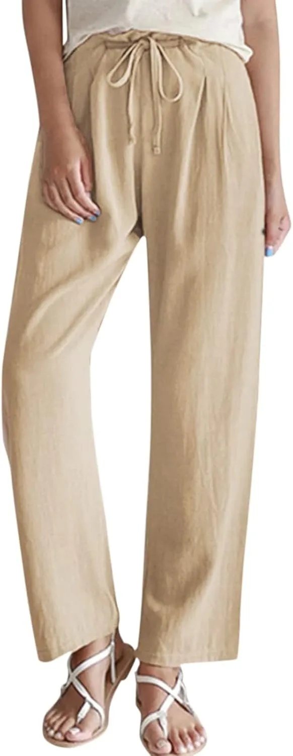 Womens Summer Pants Casual Plus Size Dressy Waist Baggy Trousers with Pockets Solid Beach Cotton Pants for Women
