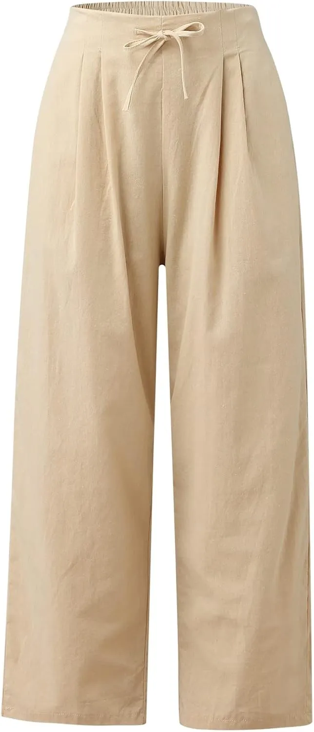 Womens Summer Pants Casual Plus Size Dressy Waist Baggy Trousers with Pockets Solid Beach Cotton Pants for Women