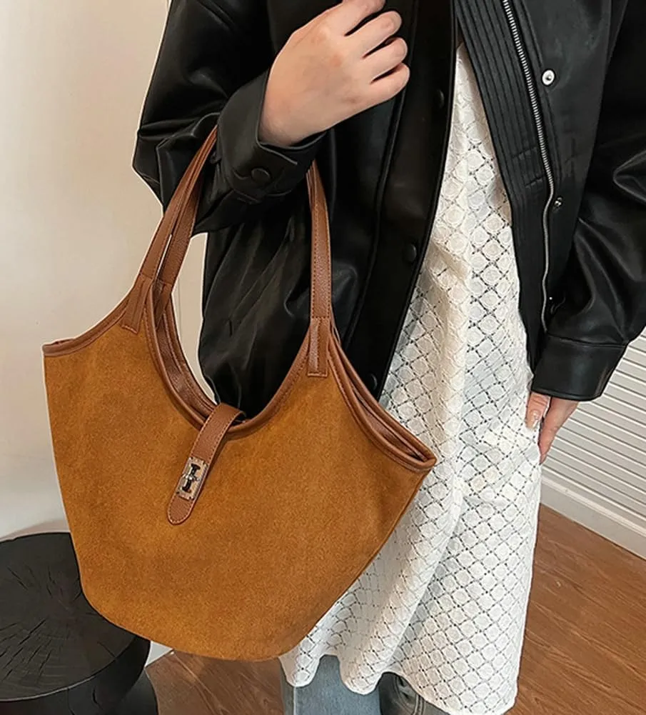 Women's Tote Bags Suede Handbag Shoulder Bag Retro Bucket Bag Vegan Leather PU Purse Fall Winter Travel Work