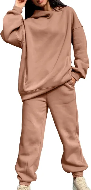 Women's Two Piece Outfits Plus Size Hoodie Long Pants Casual Jogger Sweatshirt Sweatsuit Sets Lounge Oversized Fall Winter Outfits Track Suits Matching Sets for Women Coffee
