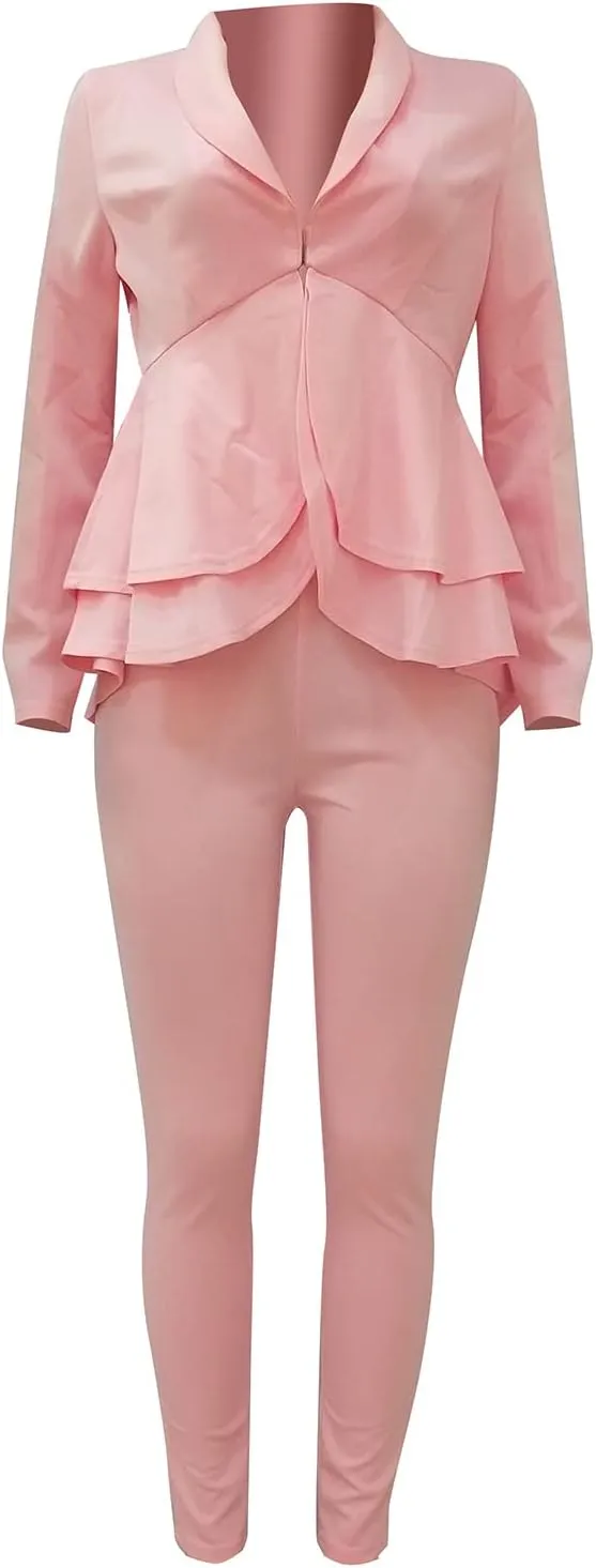 Women's Two Piece Outfits Sets Long Sleeve Deep V Neck Ruffle Pelplum Blazer Slim Fit Bocycon Long Pants Business Suit Set