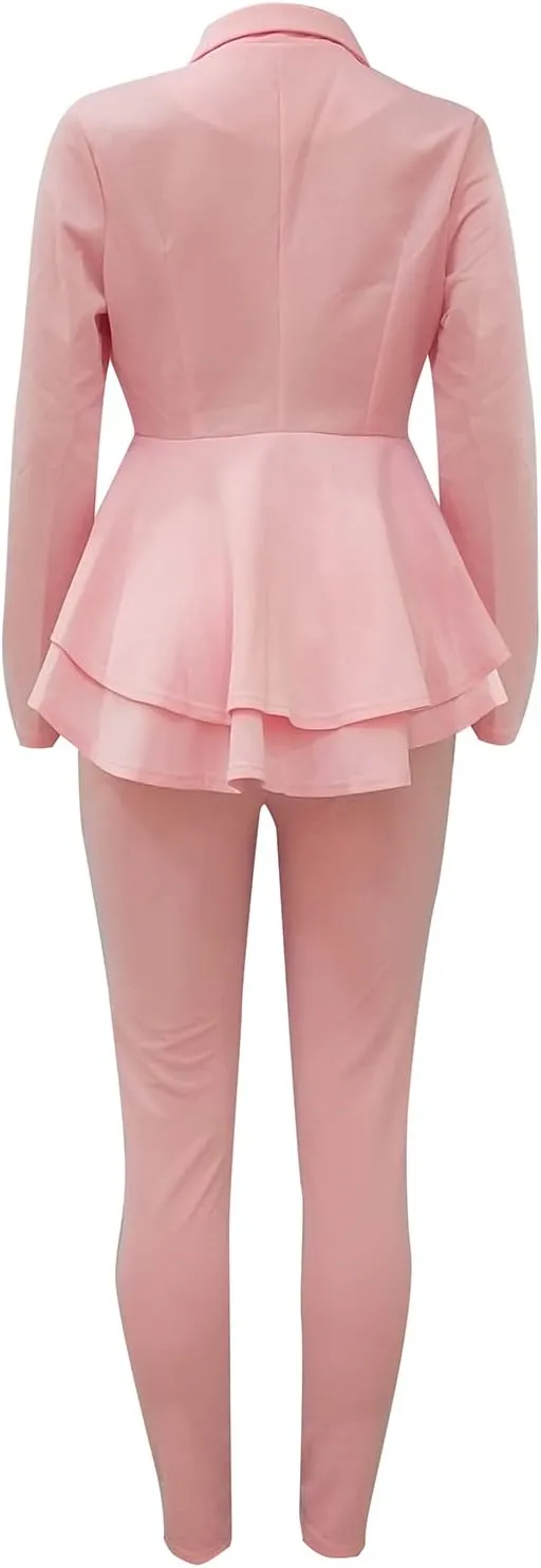 Women's Two Piece Outfits Sets Long Sleeve Deep V Neck Ruffle Pelplum Blazer Slim Fit Bocycon Long Pants Business Suit Set