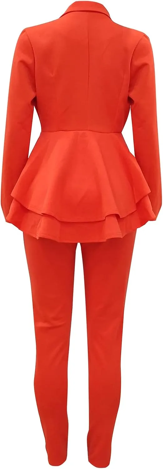 Women's Two Piece Outfits Sets Long Sleeve Deep V Neck Ruffle Pelplum Blazer Slim Fit Bocycon Long Pants Business Suit Set