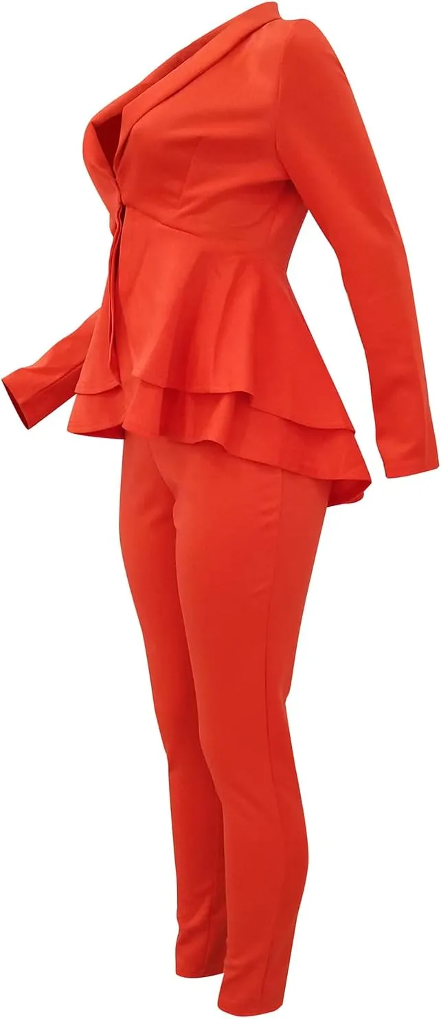 Women's Two Piece Outfits Sets Long Sleeve Deep V Neck Ruffle Pelplum Blazer Slim Fit Bocycon Long Pants Business Suit Set