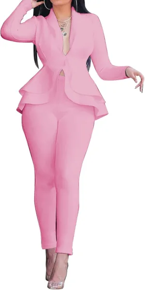 Women's Two Piece Outfits Sets Long Sleeve Deep V Neck Ruffle Pelplum Blazer Slim Fit Bocycon Long Pants Business Suit Set