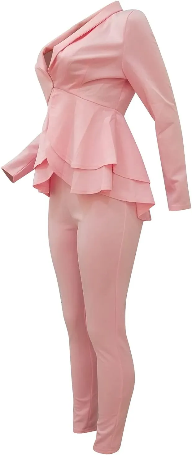 Women's Two Piece Outfits Sets Long Sleeve Deep V Neck Ruffle Pelplum Blazer Slim Fit Bocycon Long Pants Business Suit Set
