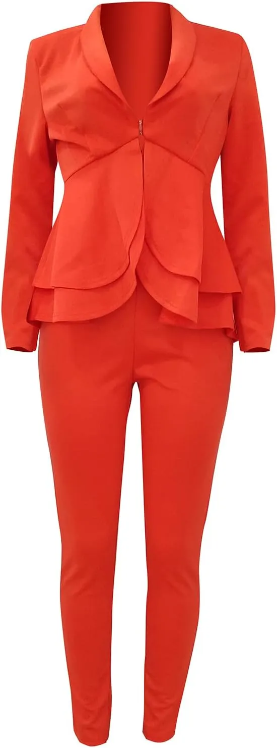 Women's Two Piece Outfits Sets Long Sleeve Deep V Neck Ruffle Pelplum Blazer Slim Fit Bocycon Long Pants Business Suit Set