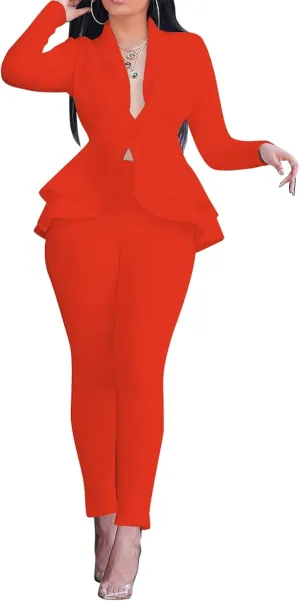 Women's Two Piece Outfits Sets Long Sleeve Deep V Neck Ruffle Pelplum Blazer Slim Fit Bocycon Long Pants Business Suit Set