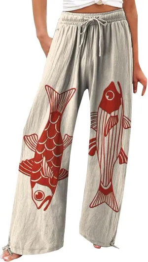 Women's Vintage Art Print Cotton and Linen Casual Pants Casual Wide Leg Trousers Womens Plus Womens