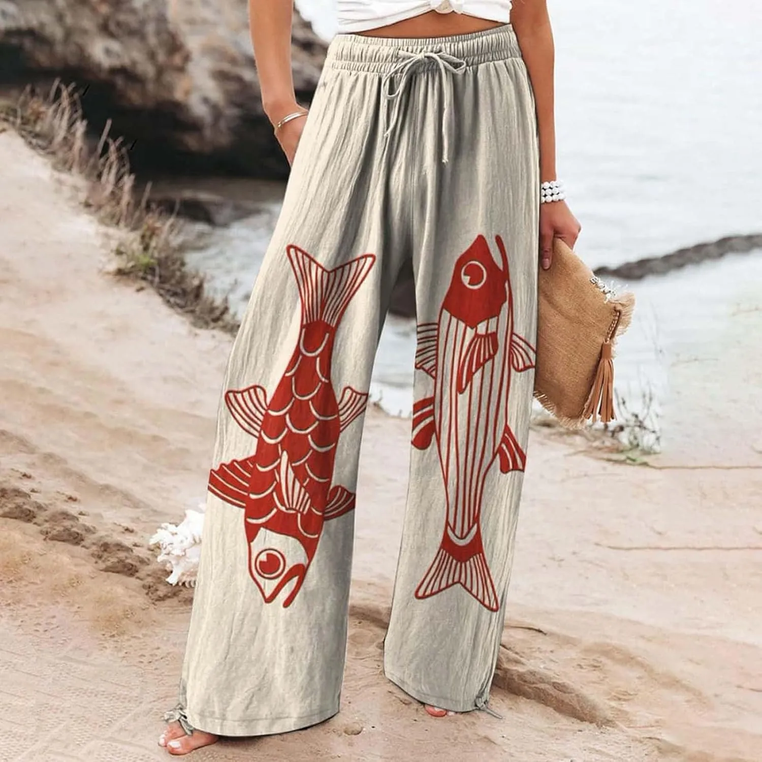 Women's Vintage Art Print Cotton and Linen Casual Pants Casual Wide Leg Trousers Womens Plus Womens