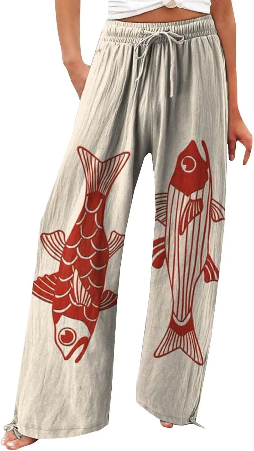 Women's Vintage Art Print Cotton and Linen Casual Pants Casual Wide Leg Trousers Womens Plus Womens