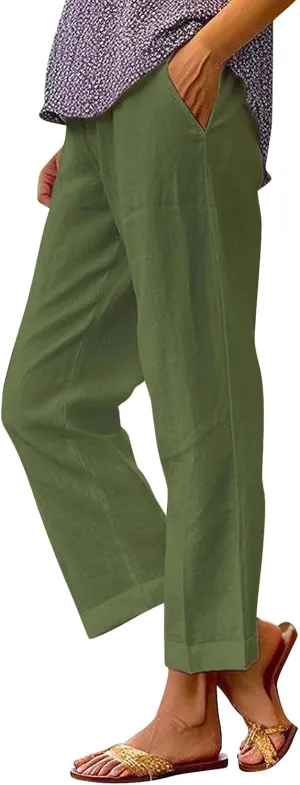 Womens Wide Leg Linen Pants Drawstring Elastic Waist Capri Pants Loose Summer Beach Lounge Trousers with Pockets