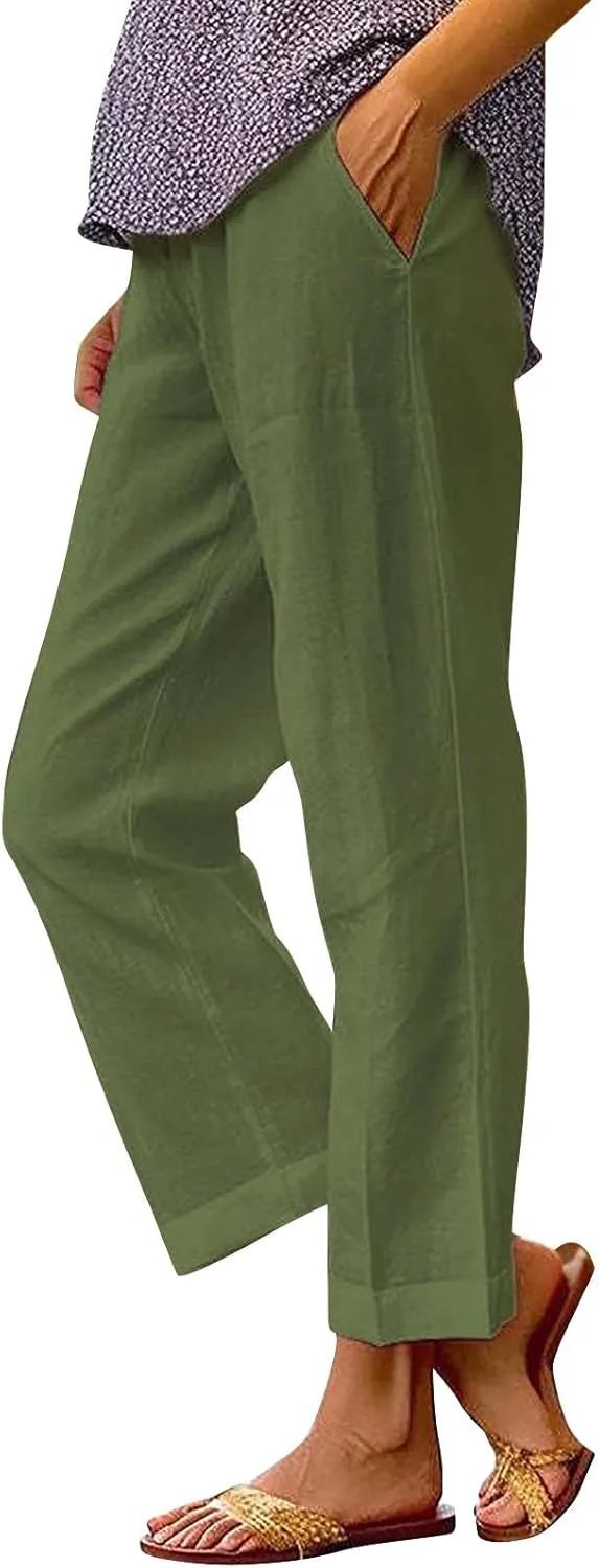 Womens Wide Leg Linen Pants Drawstring Elastic Waist Capri Pants Loose Summer Beach Lounge Trousers with Pockets
