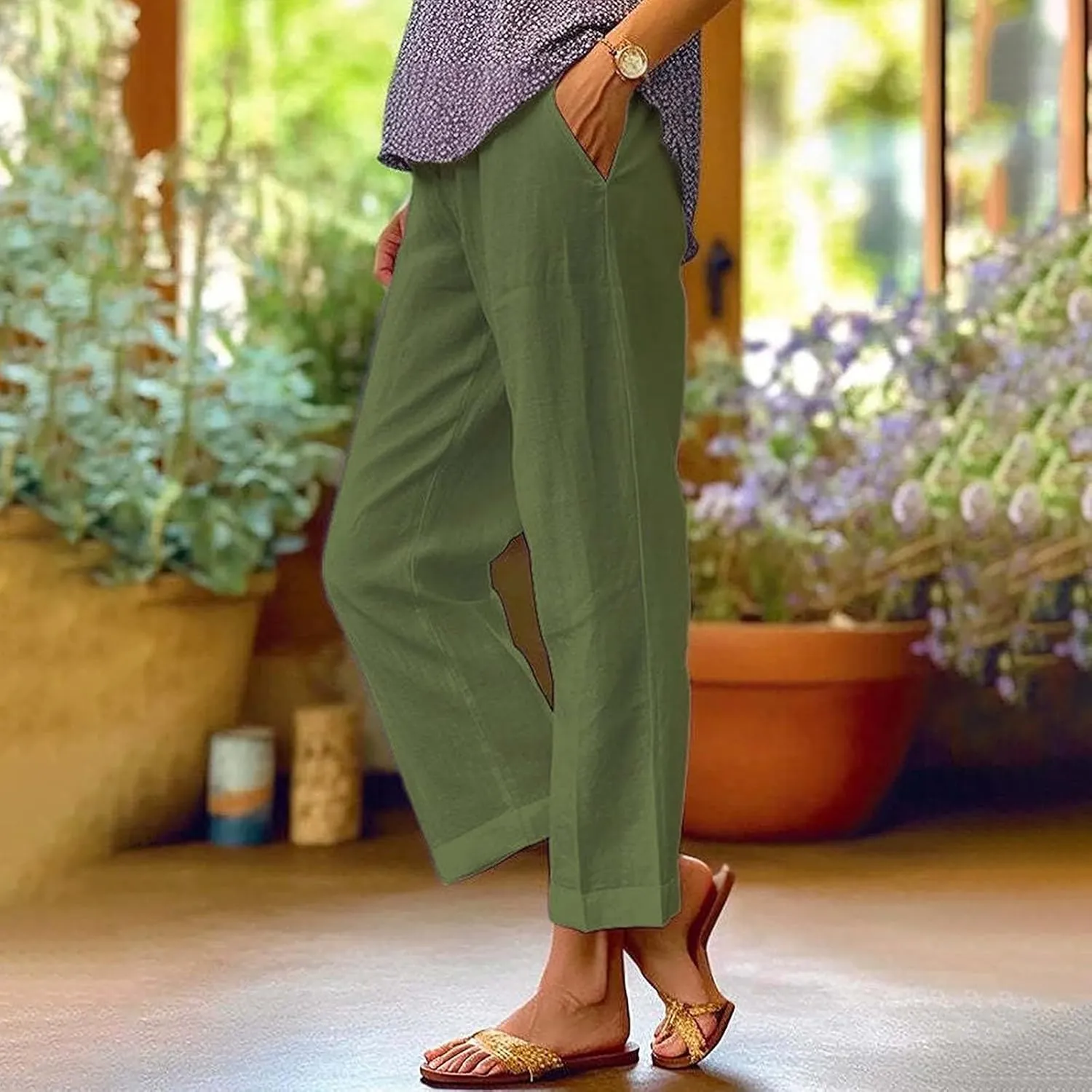 Womens Wide Leg Linen Pants Drawstring Elastic Waist Capri Pants Loose Summer Beach Lounge Trousers with Pockets