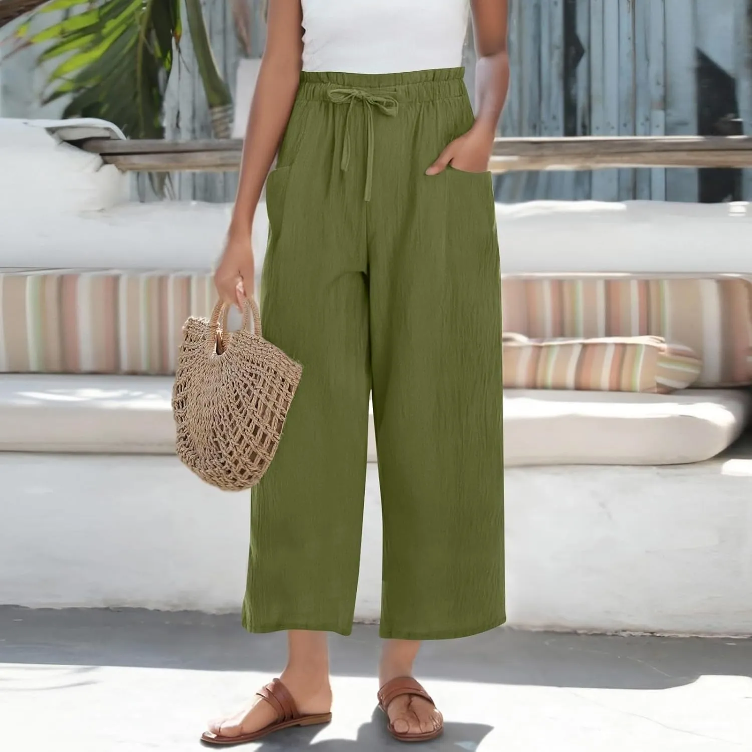 Women's Wide Leg Linen Pants High Waisted Plus Size Casual Comfy Palazzo Pant Summer Loose Fit Lounge with Pockets